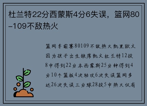 杜兰特22分西蒙斯4分6失误,篮网80-109不敌热火